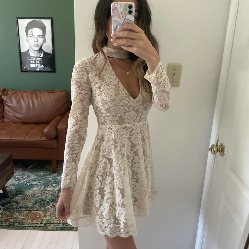 White Lace Choker Dress | Nude Lining | Fits like small